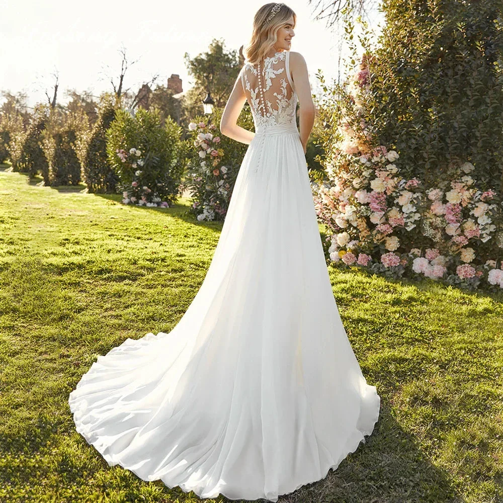 Chiffon Lace Bridal Dresses Deep V-Neck Wedding Gown A-Line Sleeveless robe de mariée bohème Buttons Backless Bride Custom Made - Image 2