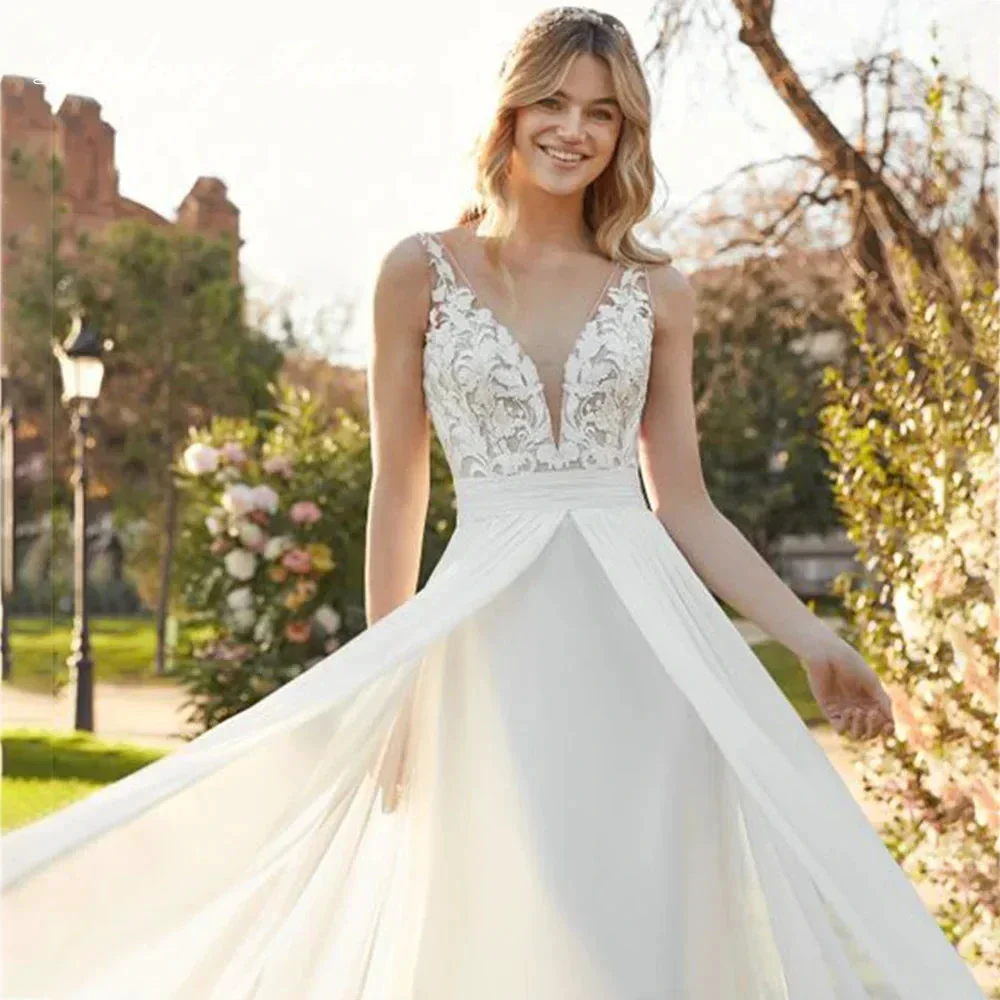 Chiffon Lace Bridal Dresses Deep V-Neck Wedding Gown A-Line Sleeveless robe de mariée bohème Buttons Backless Bride Custom Made - Image 3