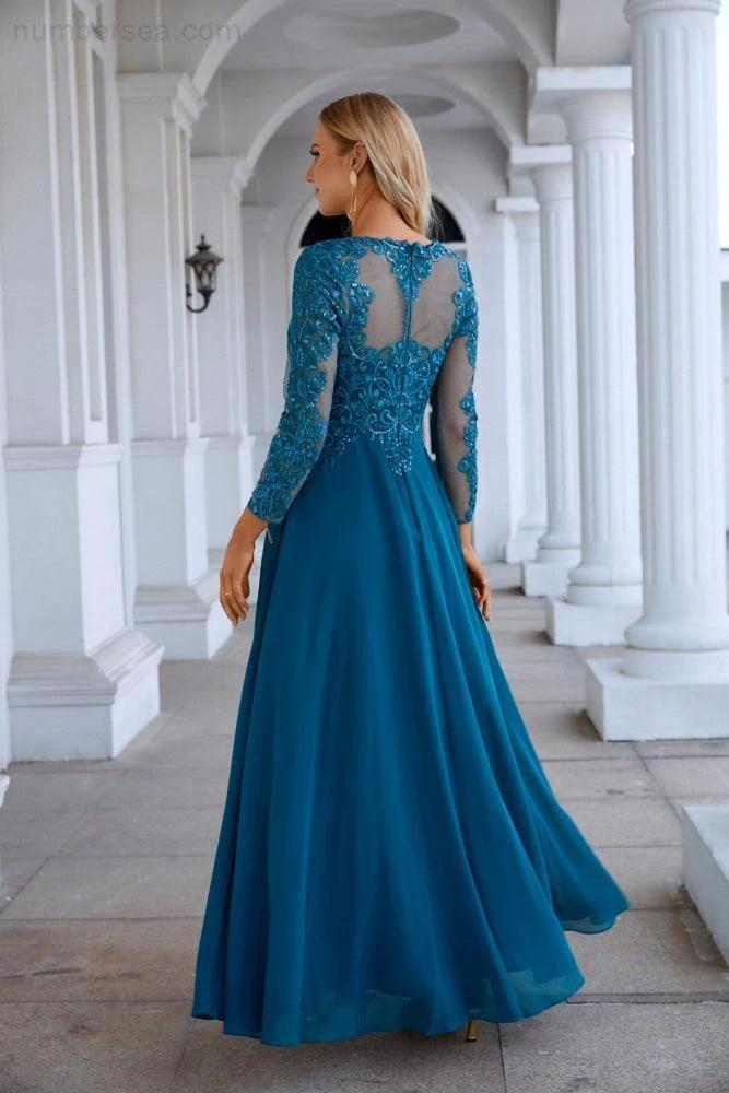 Chiffon Lace Long Sleeve Round Neck Bridesmaid Evening Dress Wedding Party Prom Evening Dress SY28132 - Image 2