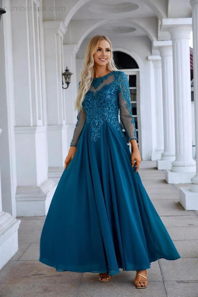 Chiffon Lace Long Sleeve Round Neck Bridesmaid Evening Dress Wedding Party Prom Evening Dress SY28132 - Image 3