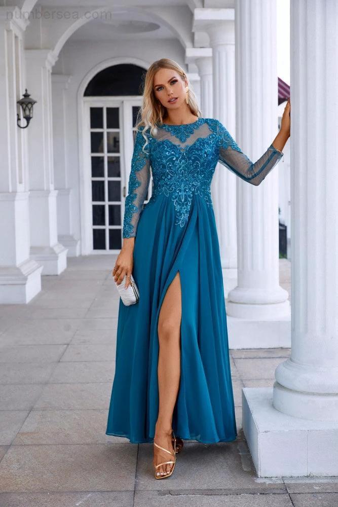 Chiffon Lace Long Sleeve Round Neck Bridesmaid Evening Dress Wedding Party Prom Evening Dress SY28132 - Image 4