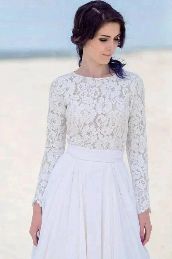 Chiffon Lace Long Sleeve White Zipper Beach Wedding/Bridal Dress WD451 - Image 2