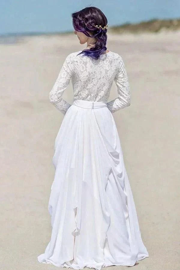 Chiffon Lace Long Sleeve White Zipper Beach Wedding/Bridal Dress WD451 - Image 3