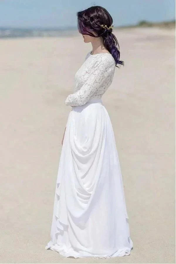 Chiffon Lace Long Sleeve White Zipper Beach Wedding/Bridal Dress WD451 - Image 4