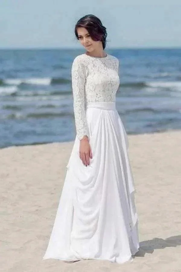 Chiffon Lace Long Sleeve White Zipper Beach Wedding/Bridal Dress WD451 - Image 5