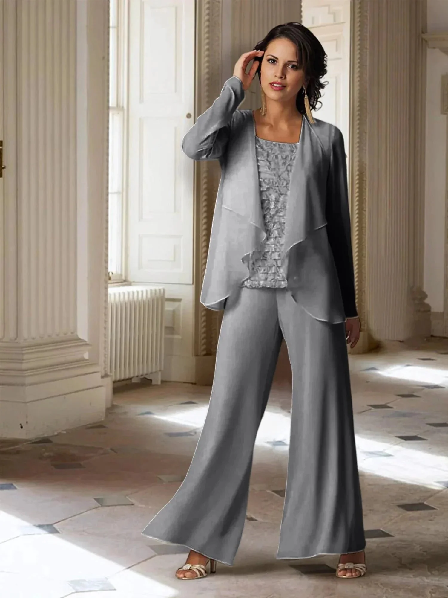 Chiffon Long Sleeves Mother of the Bride Pantsuits with Jacket - Image 25