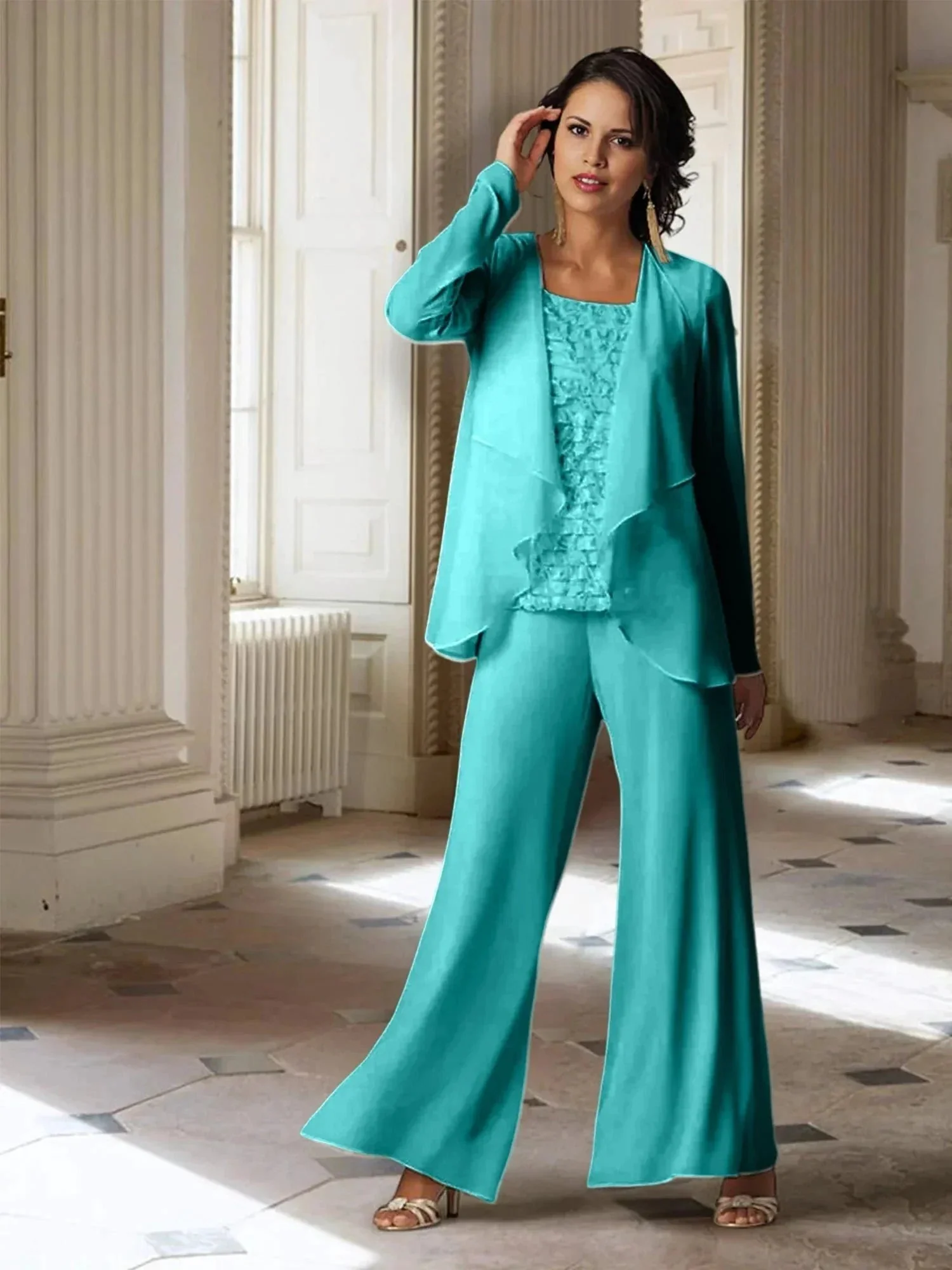 Chiffon Long Sleeves Mother of the Bride Pantsuits with Jacket - Image 3