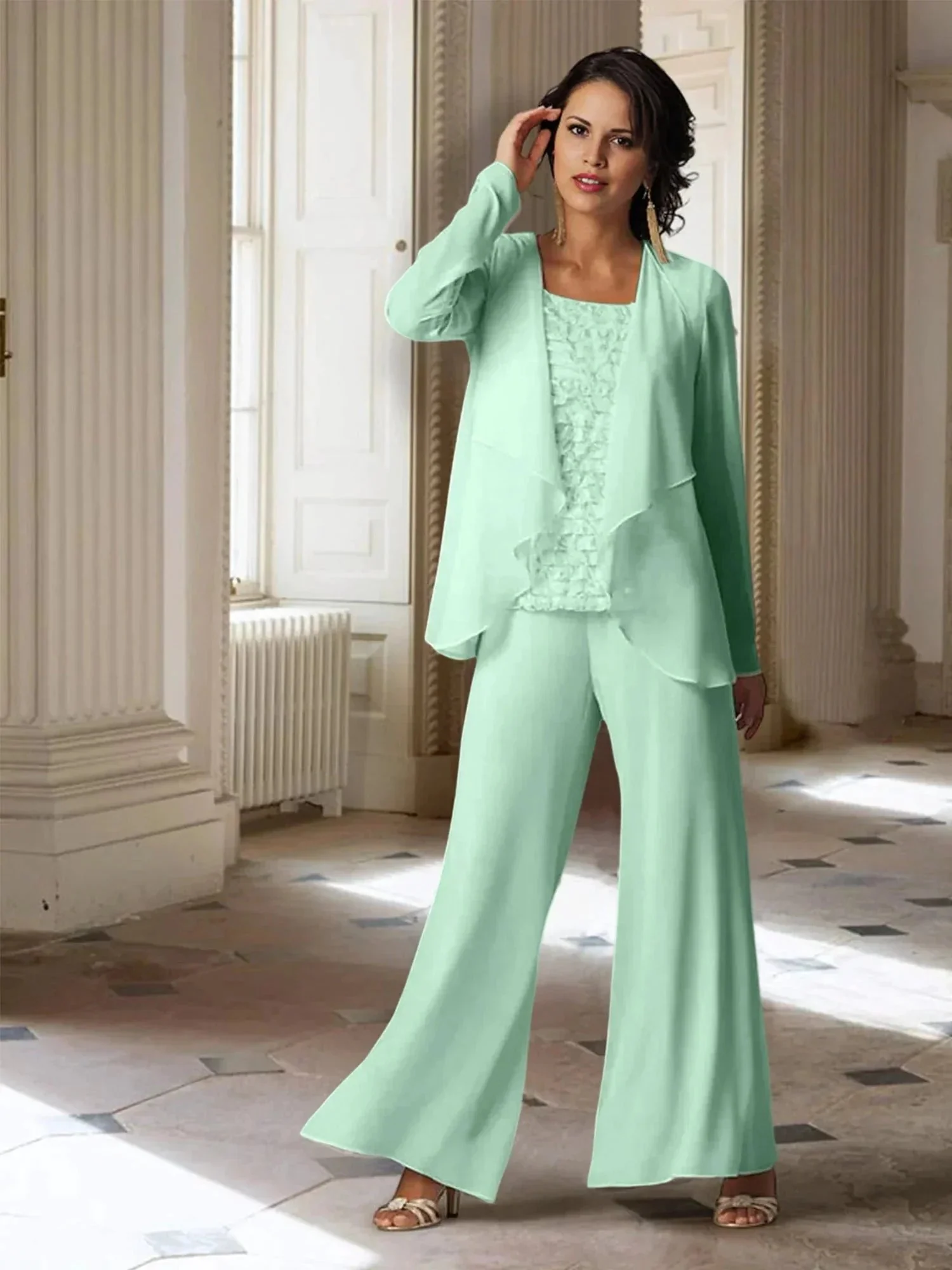 Chiffon Long Sleeves Mother of the Bride Pantsuits with Jacket - Image 39