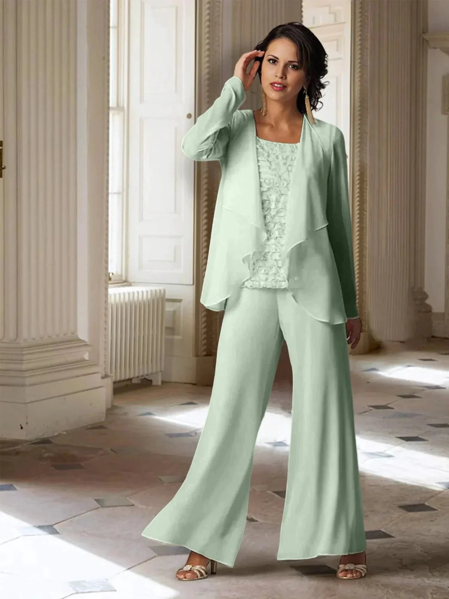 Chiffon Long Sleeves Mother of the Bride Pantsuits with Jacket - Image 58