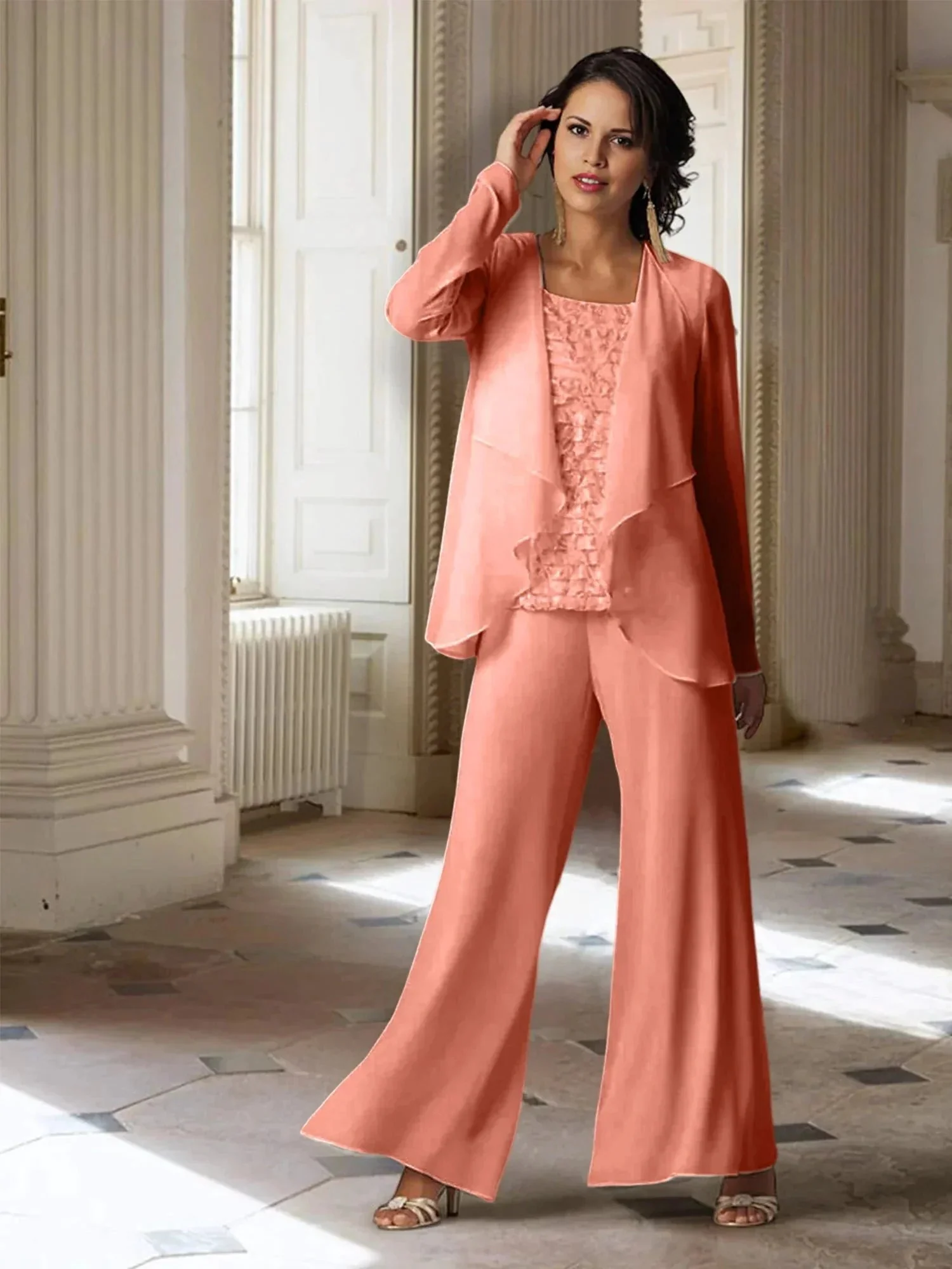 Chiffon Long Sleeves Mother of the Bride Pantsuits with Jacket - Image 59