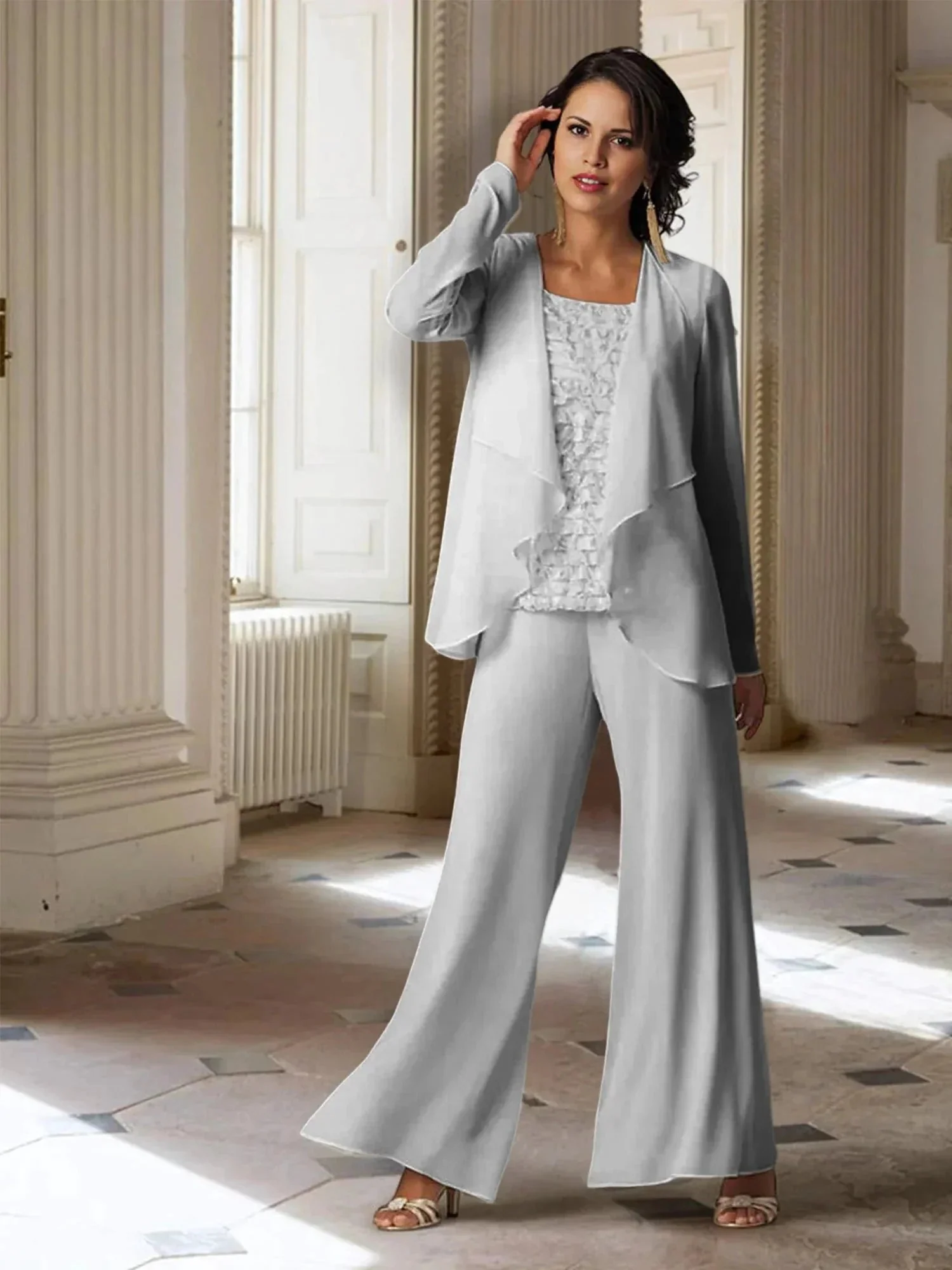 Chiffon Long Sleeves Mother of the Bride Pantsuits with Jacket - Image 60