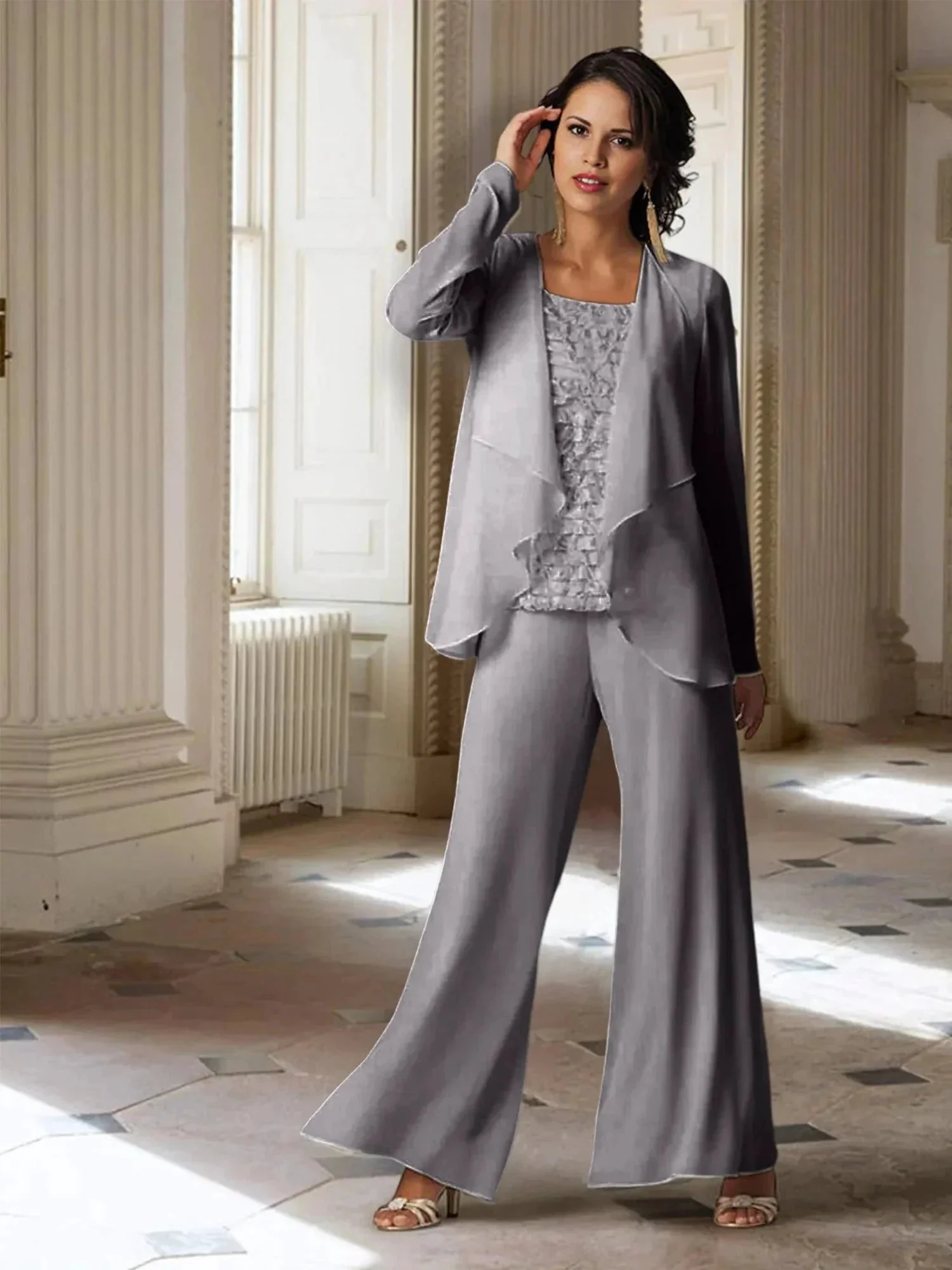 Chiffon Long Sleeves Mother of the Bride Pantsuits with Jacket - Image 61