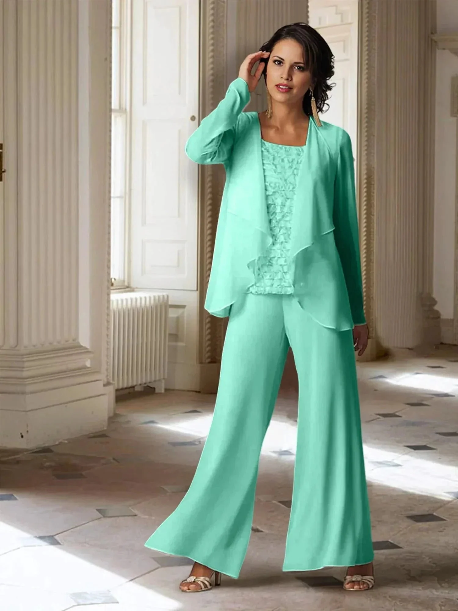 Chiffon Long Sleeves Mother of the Bride Pantsuits with Jacket - Image 63