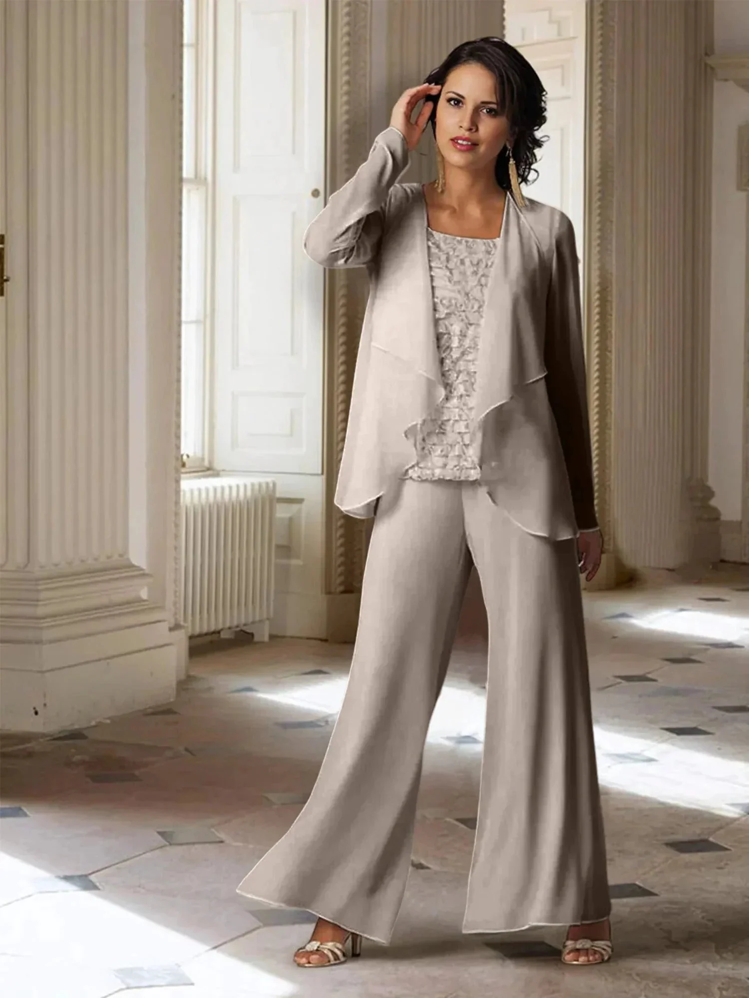 Chiffon Long Sleeves Mother of the Bride Pantsuits with Jacket - Image 66