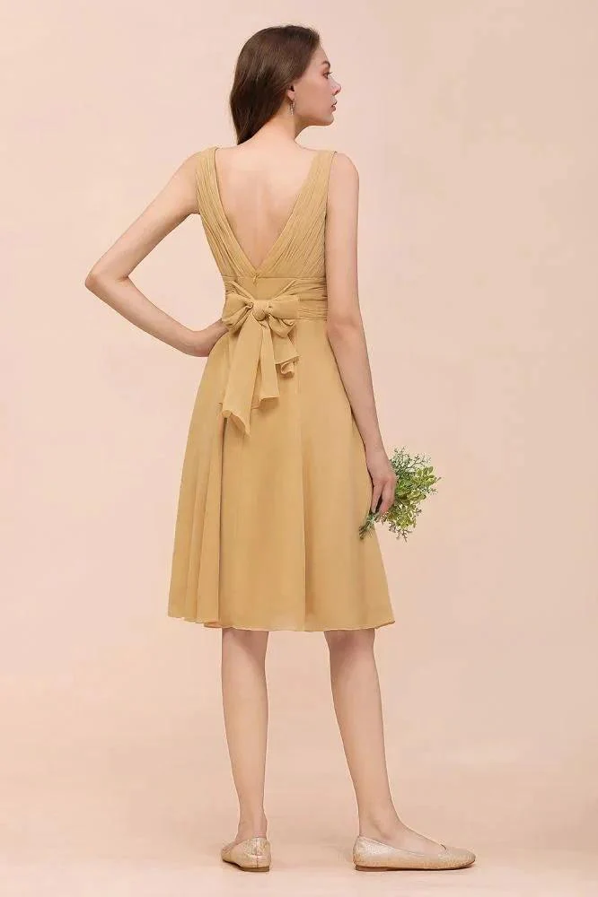 Chiffon Mini Golden Bridesmaid Dress Daily Casual Dress Sleeveless V-neck - Image 2