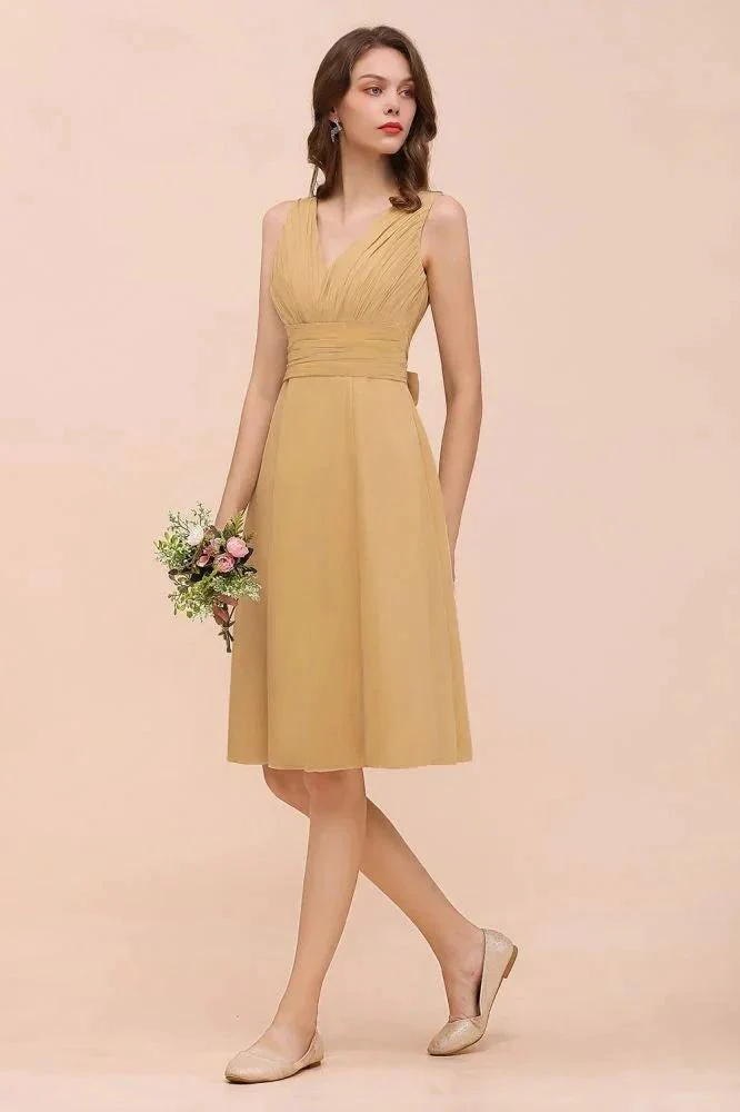 Chiffon Mini Golden Bridesmaid Dress Daily Casual Dress Sleeveless V-neck - Image 3