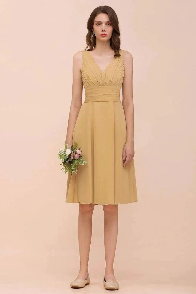 Chiffon Mini Golden Bridesmaid Dress Daily Casual Dress Sleeveless V-neck - Image 4