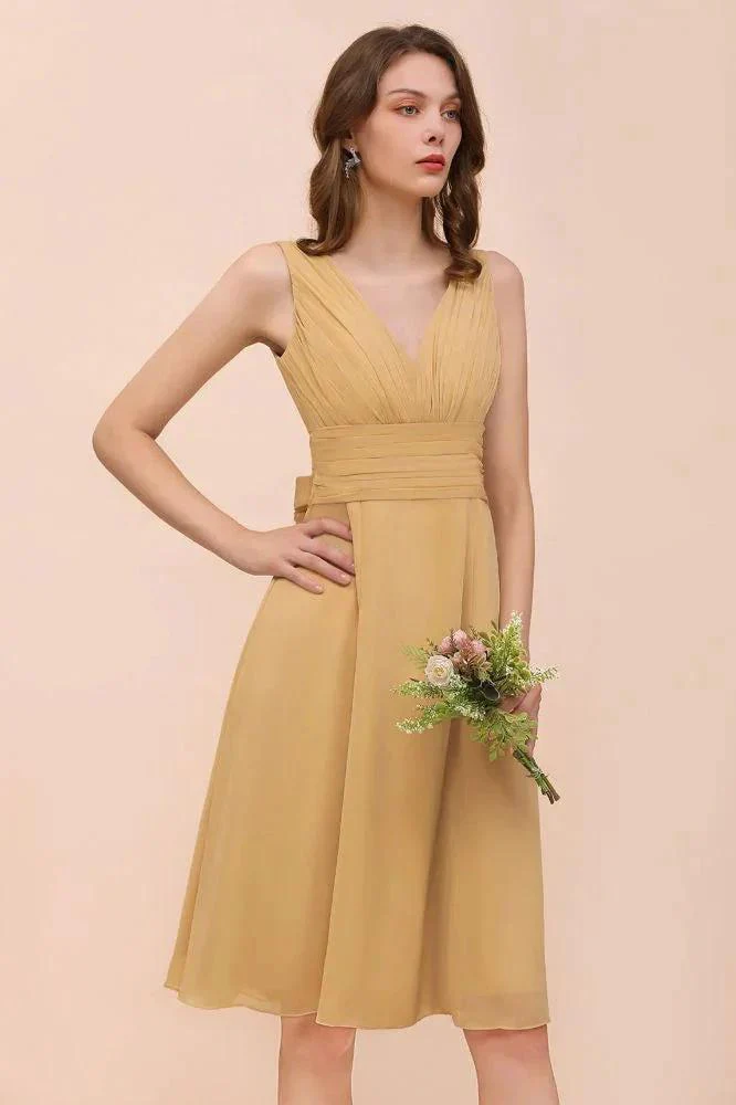 Chiffon Mini Golden Bridesmaid Dress Daily Casual Dress Sleeveless V-neck - Image 5
