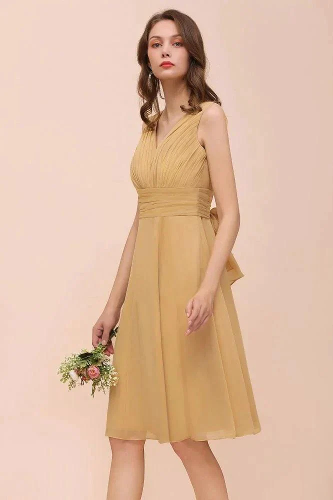 Chiffon Mini Golden Bridesmaid Dress Daily Casual Dress Sleeveless V-neck - Image 6