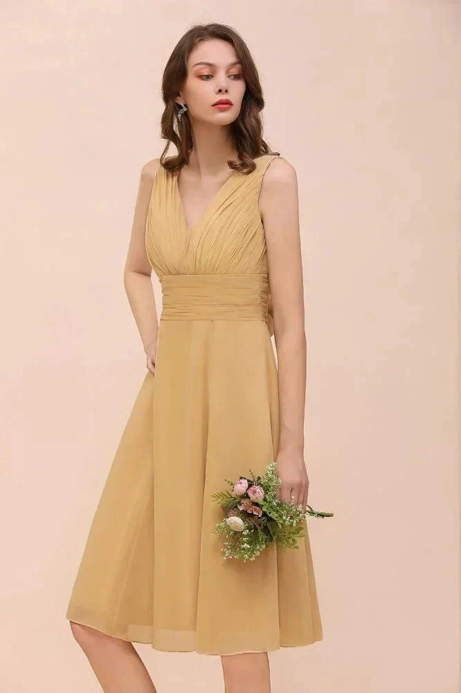 Chiffon Mini Golden Bridesmaid Dress Daily Casual Dress Sleeveless V-neck - Image 7