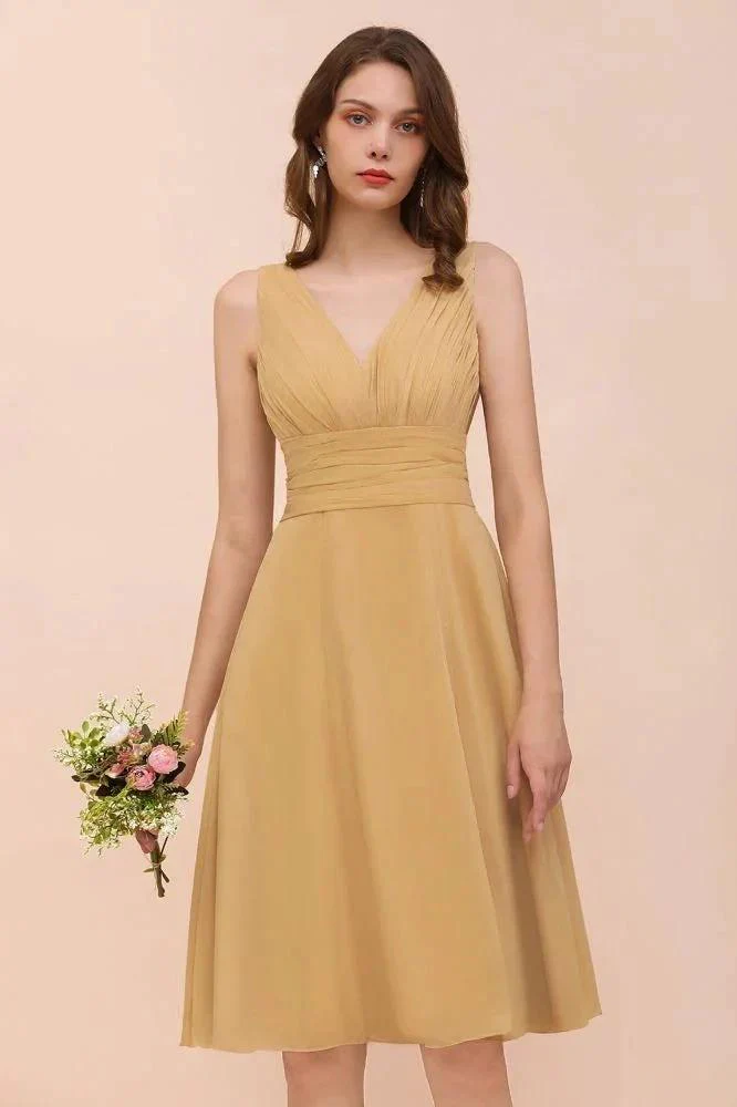 Chiffon Mini Golden Bridesmaid Dress Daily Casual Dress Sleeveless V-neck - Image 8