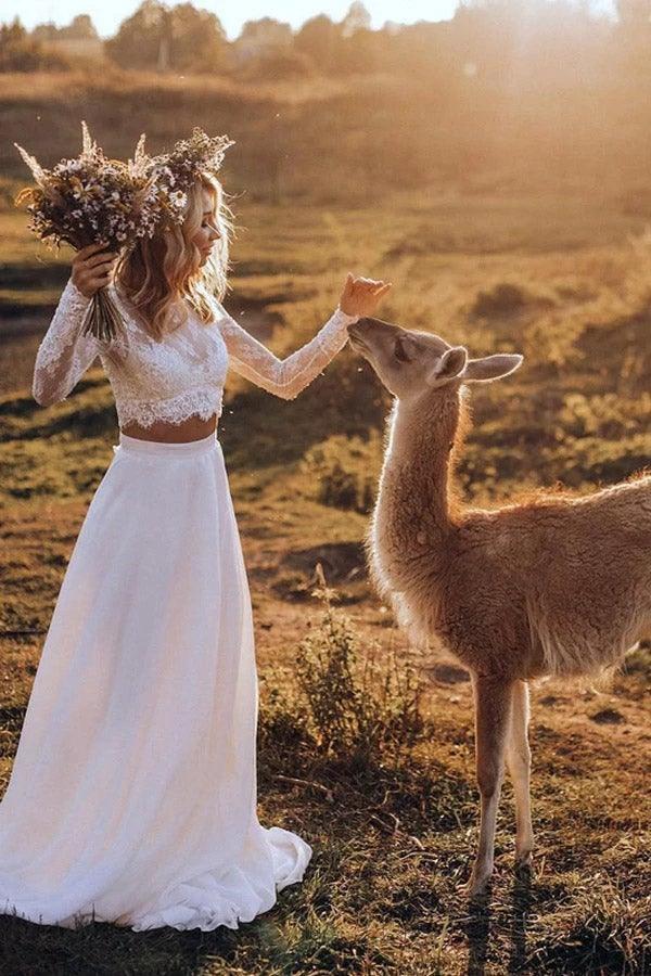 Chiffon Two Pieces Wedding Dresses A-line Long Sleeves Bridal Gown  WD553 - Image 2