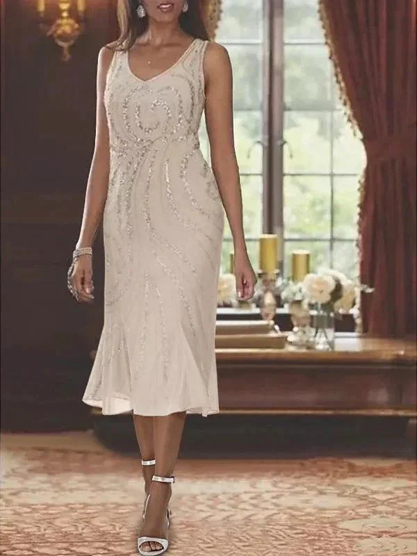 Chiffon V-Neck 2 Pieces Mother of the Bride Dresses with Jacket & Sequins - Image 2