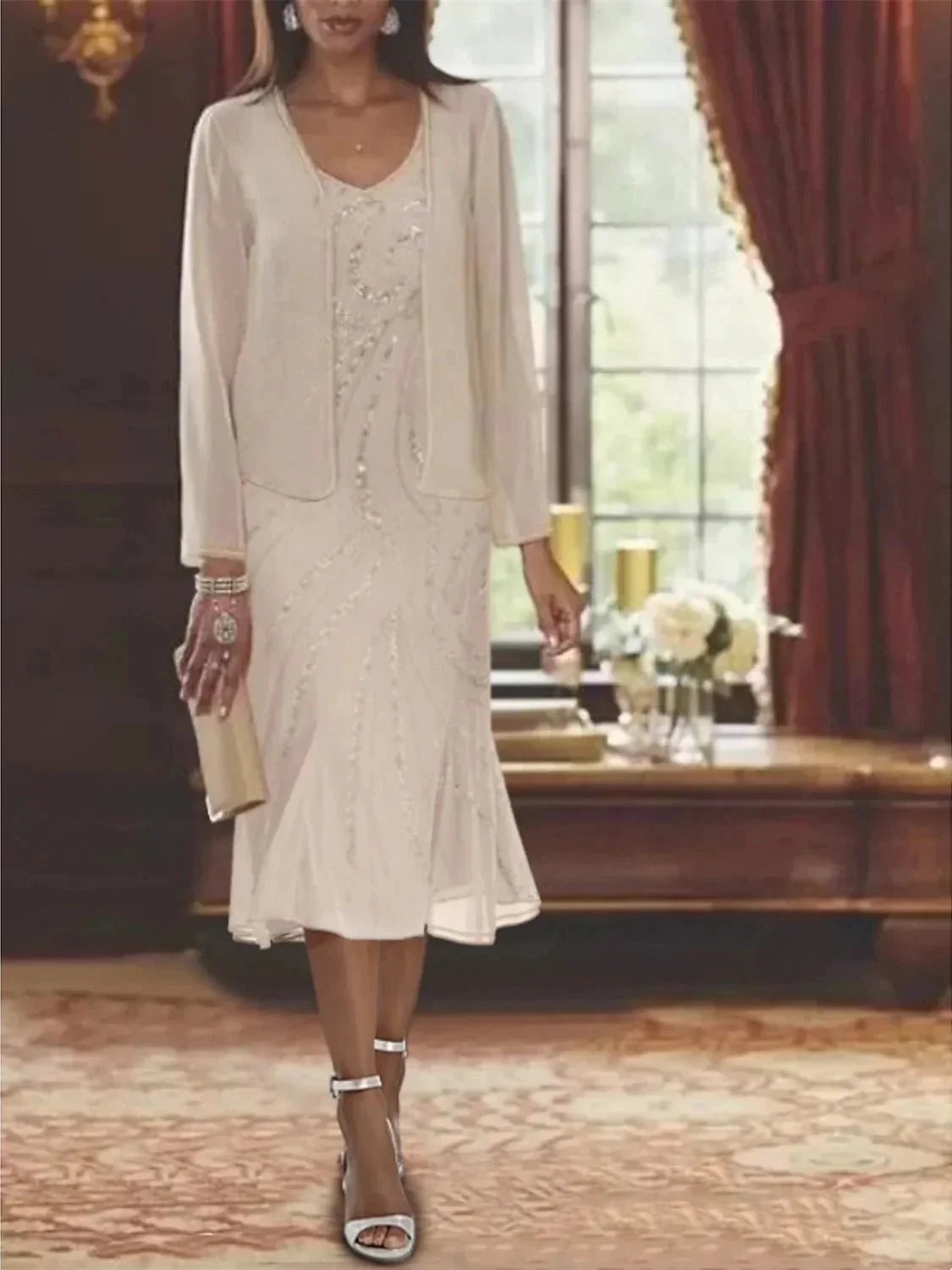 Chiffon V-Neck 2 Pieces Mother of the Bride Dresses with Jacket & Sequins - Image 3