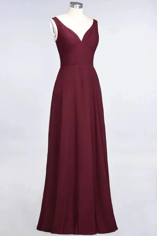 Chiffon V-Neck Straps Sleeveless Ruffles Floor-Length Bridesmaid Dress with Open Back - Image 3