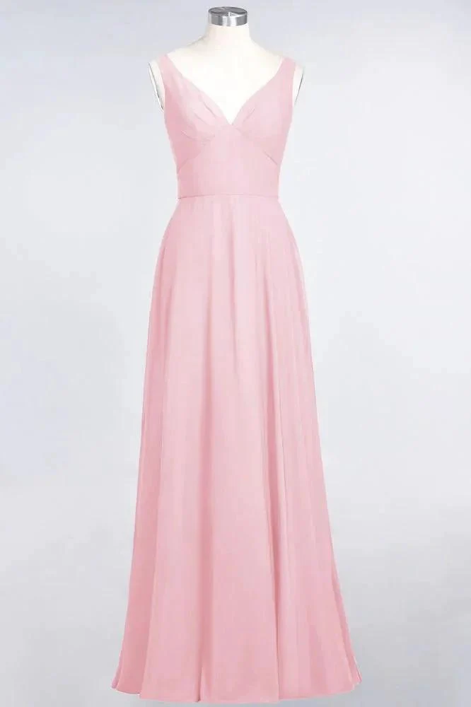 Chiffon V-Neck Straps Sleeveless Ruffles Floor-Length Bridesmaid Dress with Open Back - Image 7