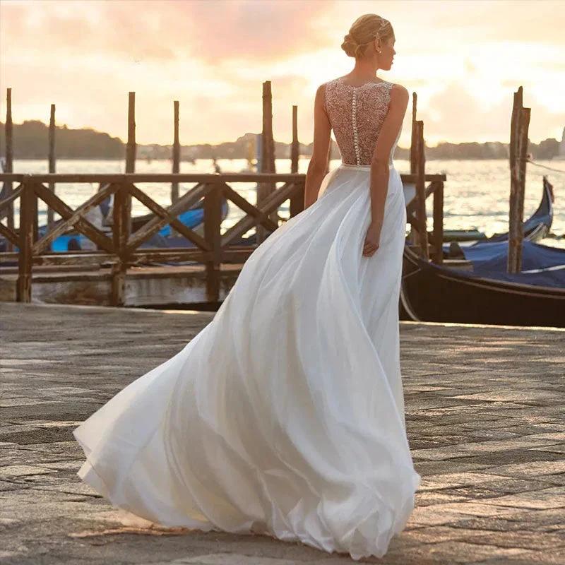 Chiffon V-Neck Wedding Dresses Sleeveless Elegant Lace Applqiues Boho A-Line Bride Gowns For Women Vestidos De Novia - Image 2