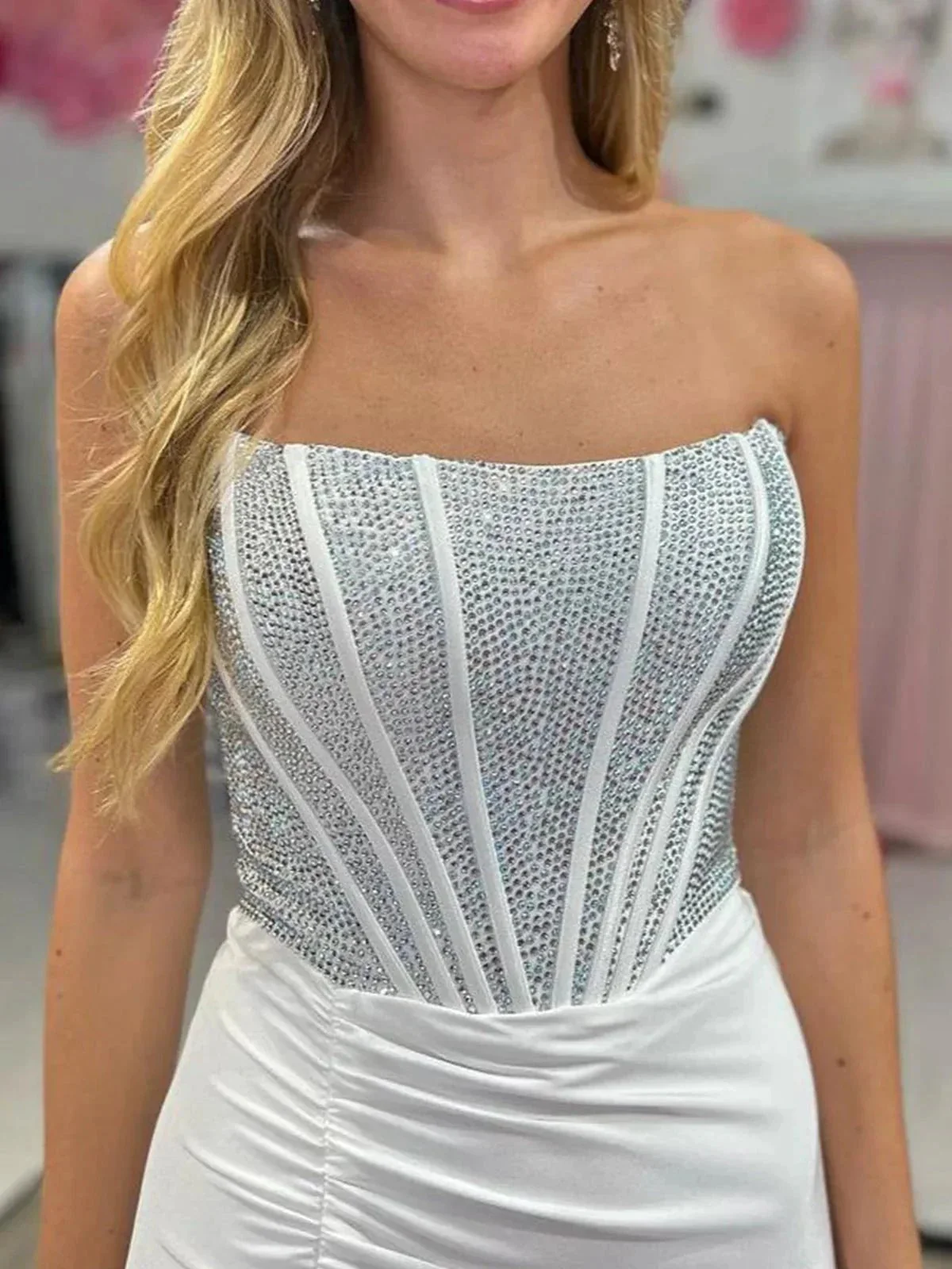 Chime | White Mermaid Strapless Satin Long Prom Dresses With Beading - Image 2