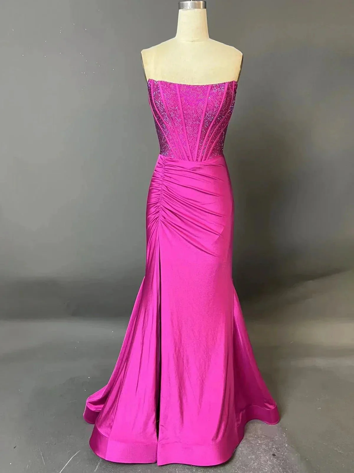 Chime | White Mermaid Strapless Satin Long Prom Dresses With Beading - Image 3