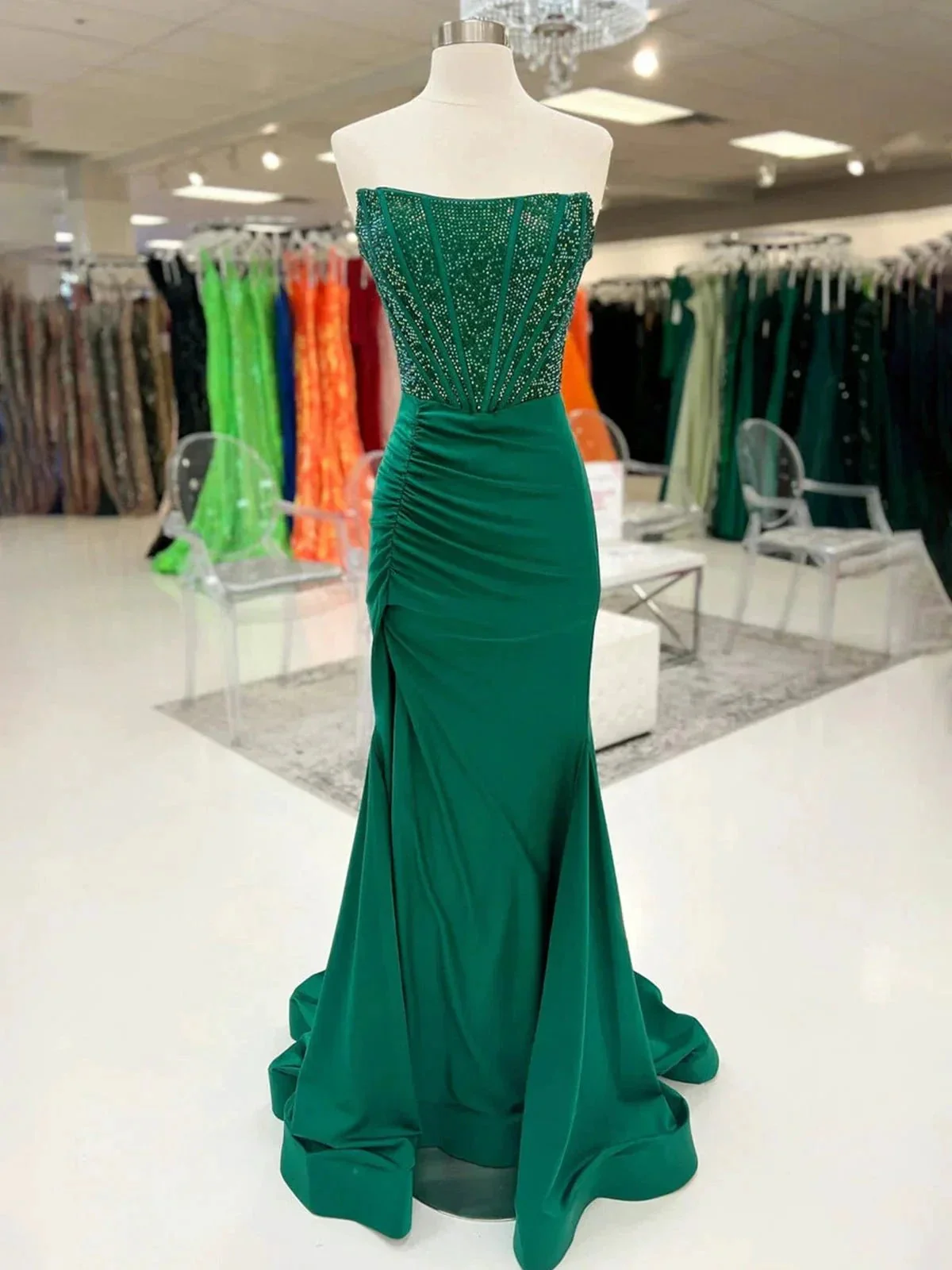 Chime | White Mermaid Strapless Satin Long Prom Dresses With Beading - Image 9