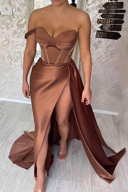 Chocolate Sweetheart Formal Evening Gowns Sexy Corset Prom Dresses,Side Split Satin Party Dress Y54 - Image 2