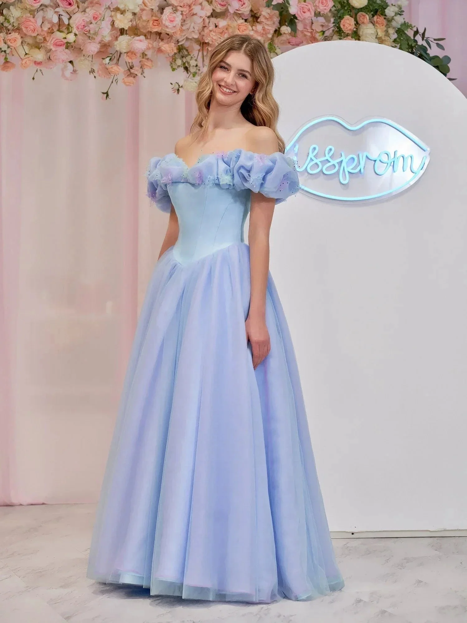 Isabel | Cinderella Blue Tulle Off the Shoulder With Crystals & Butterflies Ball Gown - Image 2
