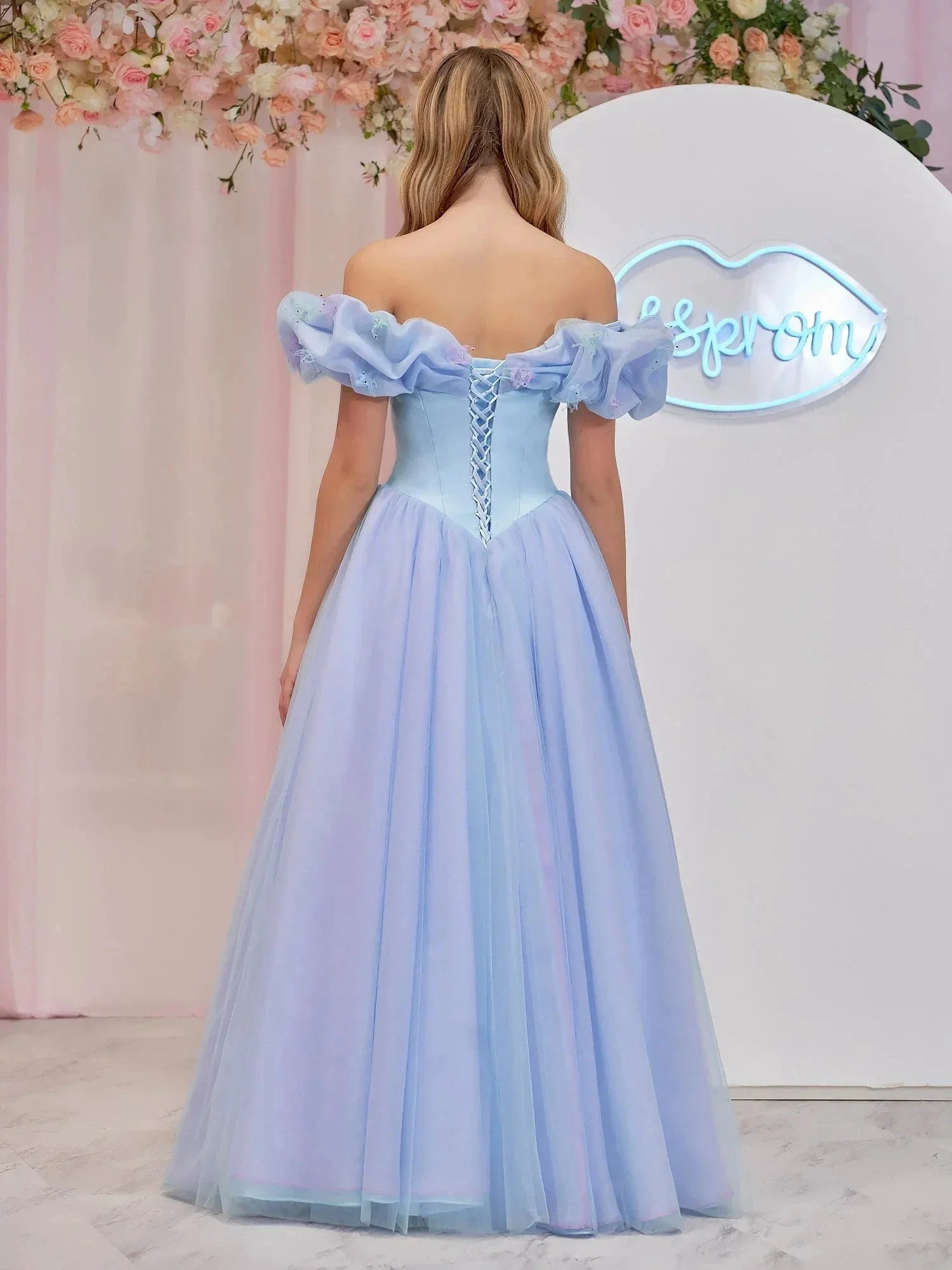Isabel | Cinderella Blue Tulle Off the Shoulder With Crystals & Butterflies Ball Gown - Image 3