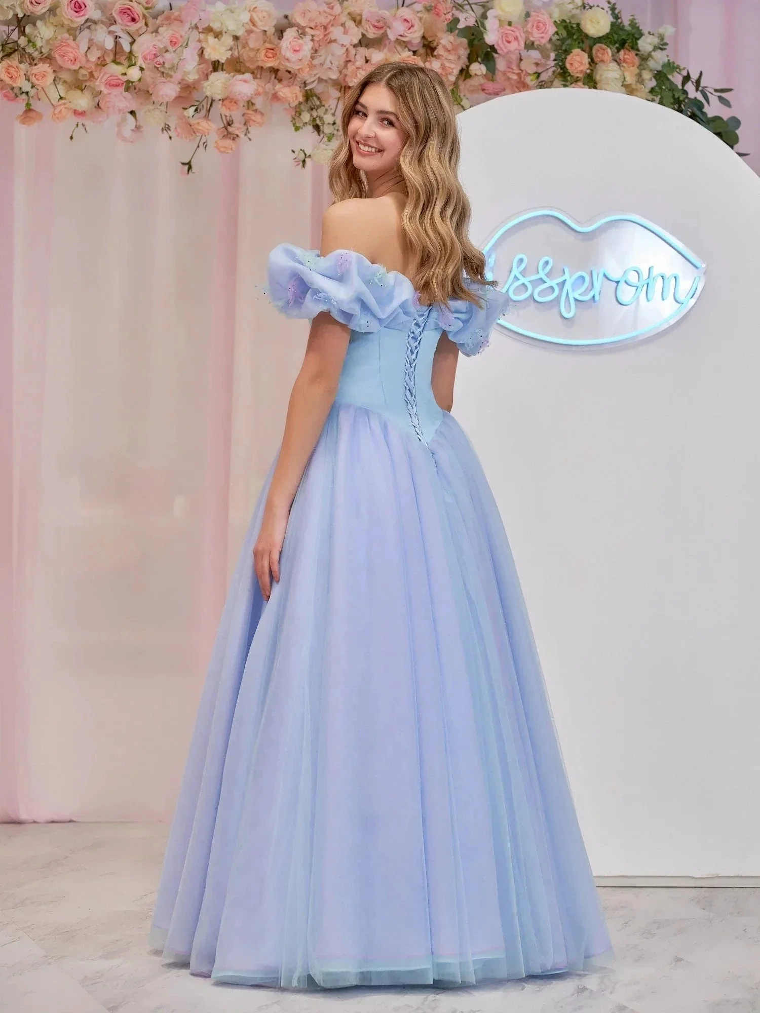 Isabel | Cinderella Blue Tulle Off the Shoulder With Crystals & Butterflies Ball Gown - Image 4