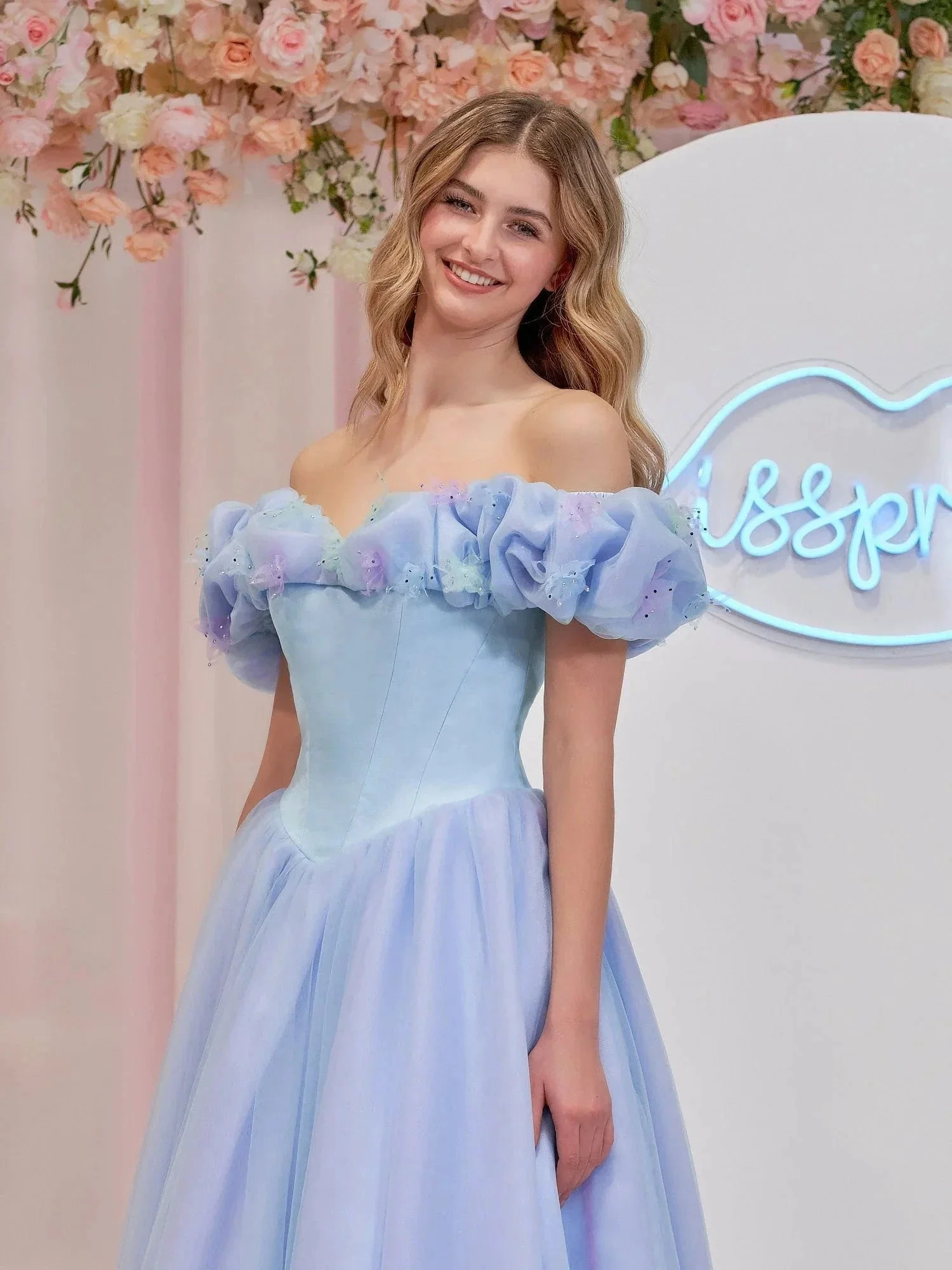Isabel | Cinderella Blue Tulle Off the Shoulder With Crystals & Butterflies Ball Gown - Image 5