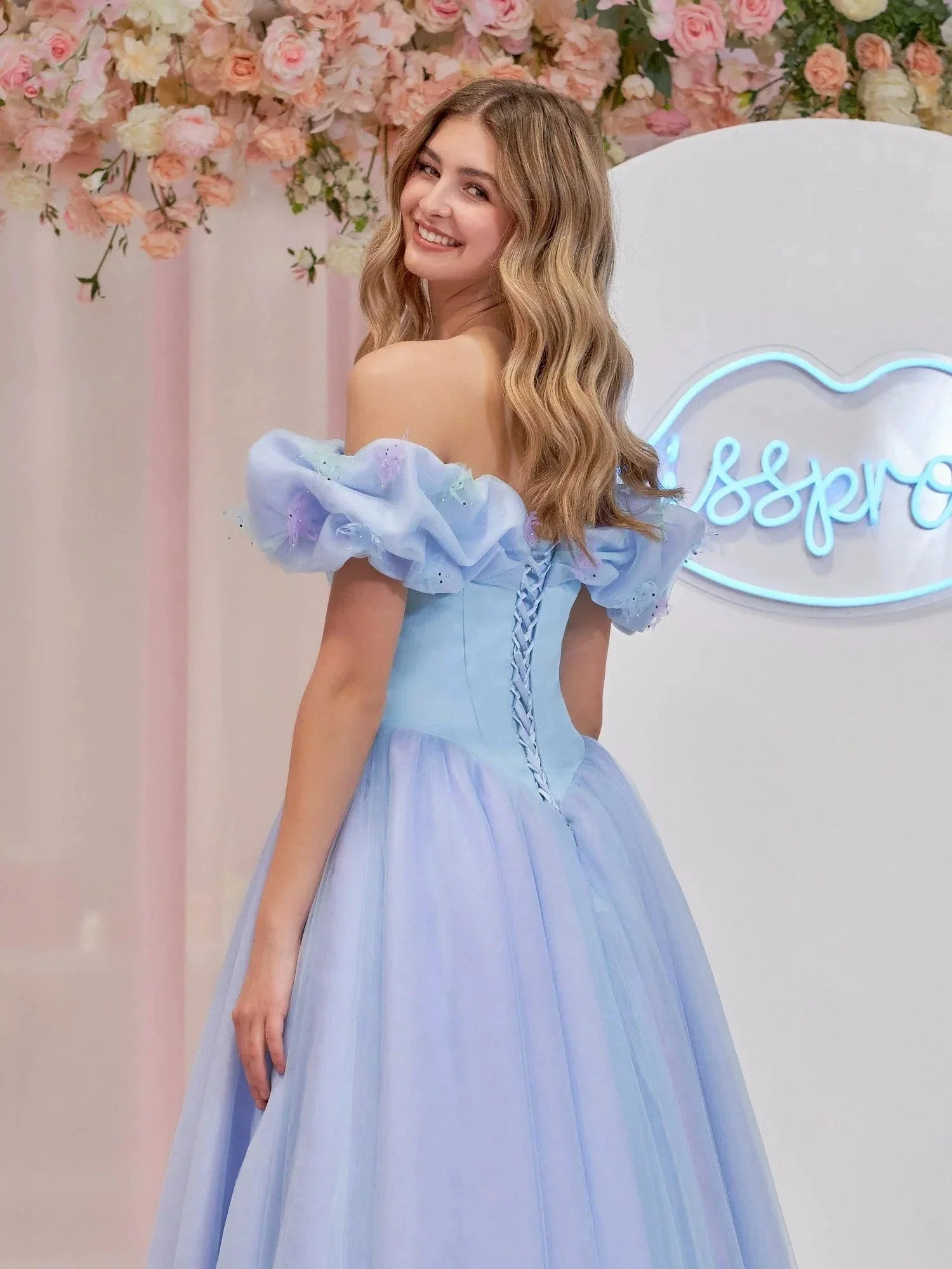 Isabel | Cinderella Blue Tulle Off the Shoulder With Crystals & Butterflies Ball Gown - Image 6