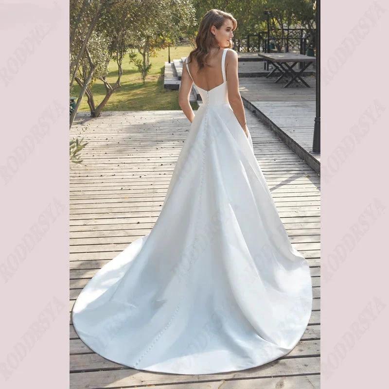 Civil V-Neck Wedding Dresses Square Collar Satin Bridal Gowns A-line Backless Buttons Bride Party Spaghetti Straps - Image 2