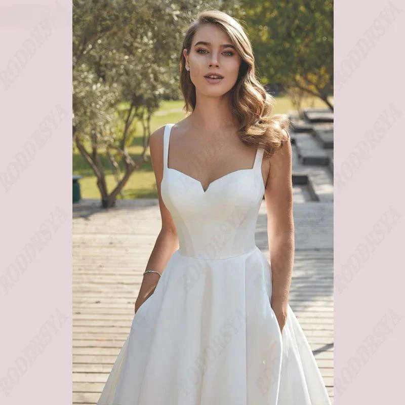 Civil V-Neck Wedding Dresses Square Collar Satin Bridal Gowns A-line Backless Buttons Bride Party Spaghetti Straps - Image 3
