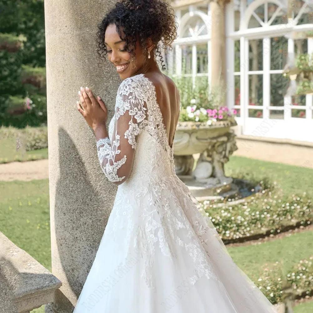 Civil Wedding Dresses For 2024 Bride Long Sleeves Backless Scoop Bride Gowns A-Line Lace Applique vestido de noiva - Image 2
