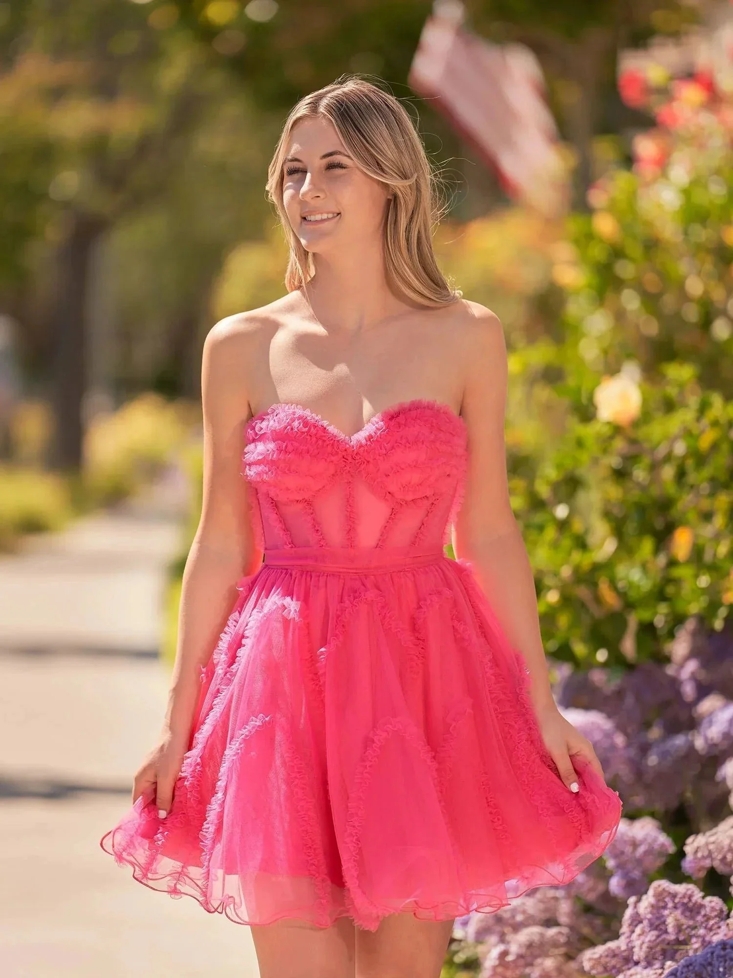 A Line  Fuchsia Tulle Strapless Homecoming Dress - Image 4