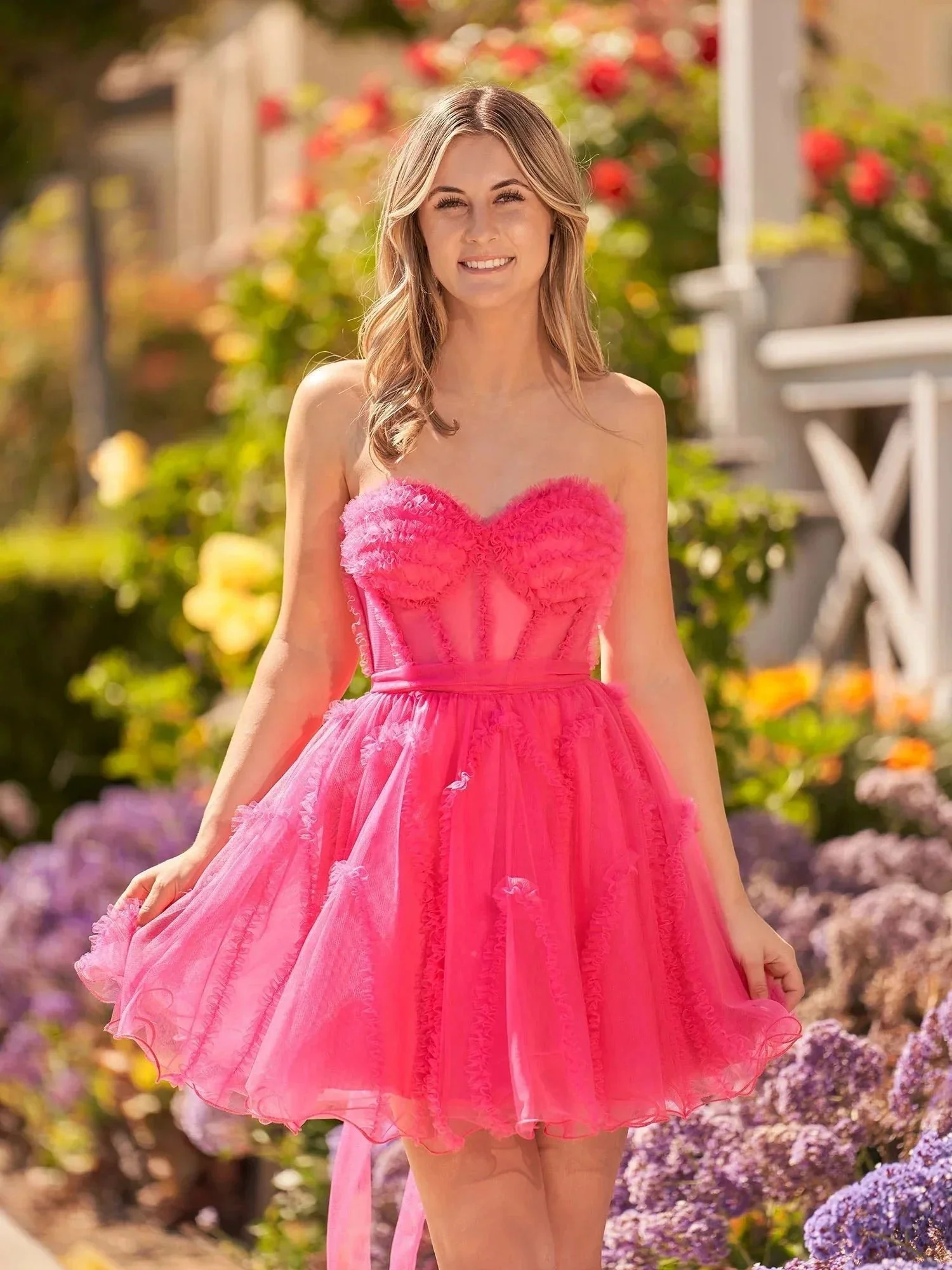 A Line  Fuchsia Tulle Strapless Homecoming Dress - Image 6