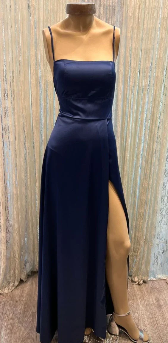 Classic A-line Navy Blue Prom Dress With Split Simple Evening Dress For Teens Y6772 - Image 2