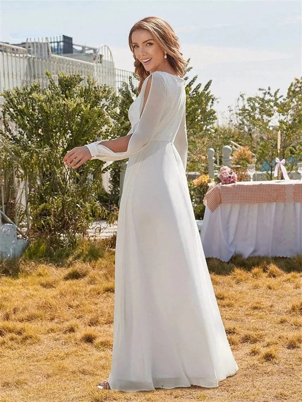 Classic Appliques 3D Flower Wedding Dress Simple Deep V-neck Long Sleeve Bridal Gown Beach Vestidos De Novia - Image 2