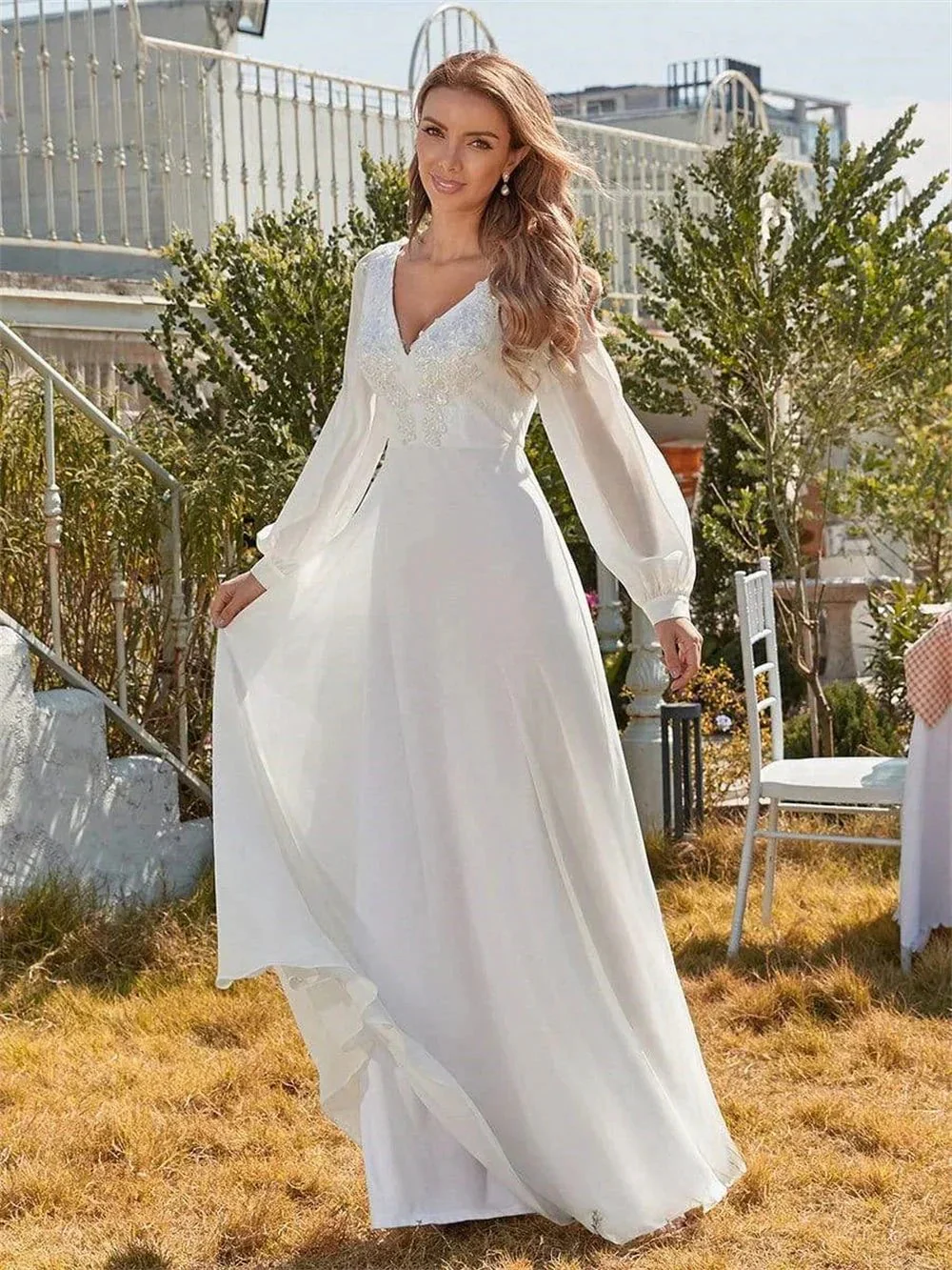 Classic Appliques 3D Flower Wedding Dress Simple Deep V-neck Long Sleeve Bridal Gown Beach Vestidos De Novia - Image 3
