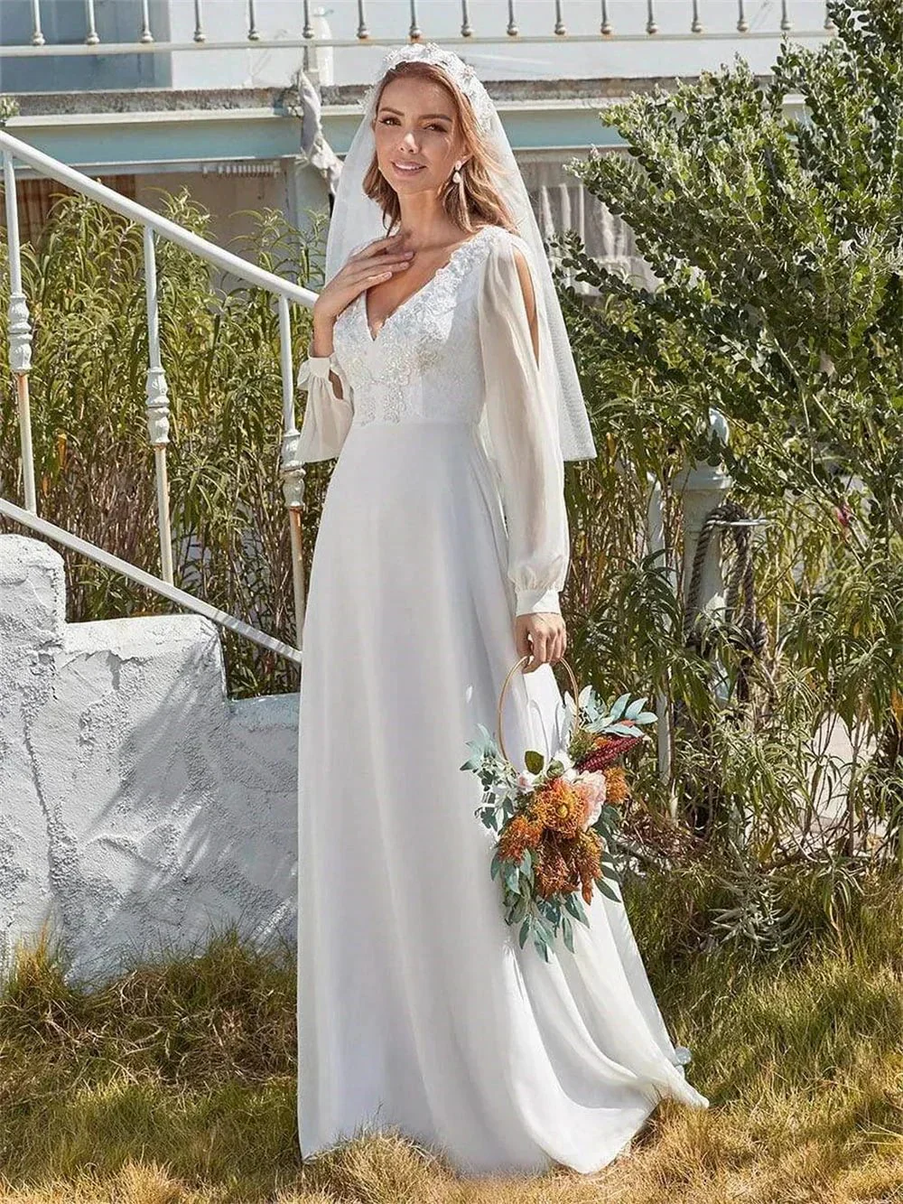 Classic Appliques 3D Flower Wedding Dress Simple Deep V-neck Long Sleeve Bridal Gown Beach Vestidos De Novia - Image 4