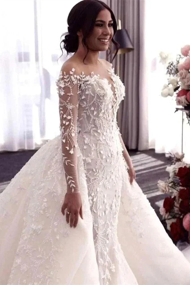 Off-the-Shoulder Deep V-Neck Wedding Dress with Overskirt - Image 3